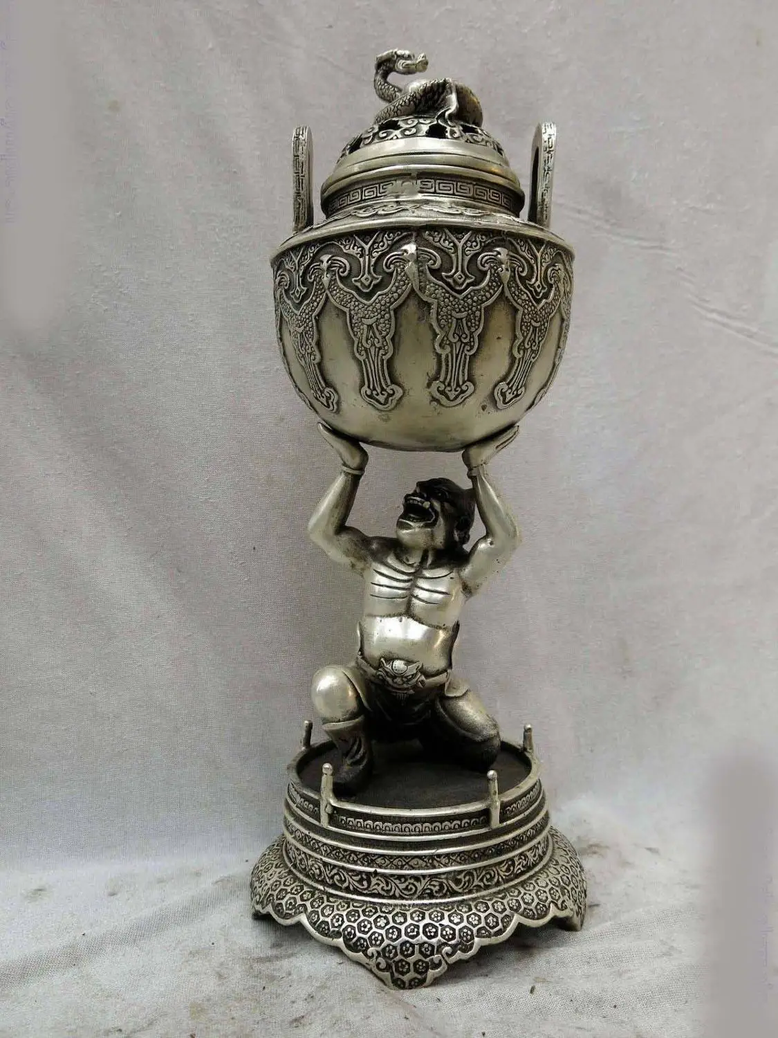 

12" China silver carved finely Titan dragon censer incense burner Statue