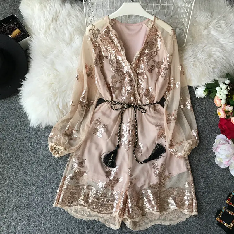 Women Deep V-Neck Rompers Bling Sequined Embroidery Floral Ruffles Jumpsuit Lady Mesh Gauze Wrapped Rope Tassels Beach Playsuit