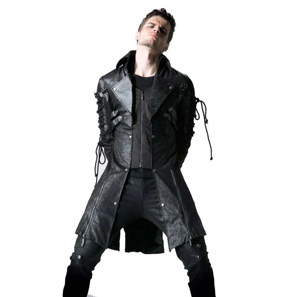 Мужские длинные пальто из искусственной кожи в готическом стиле, повседневные куртки с заклепками из полиэстера, плащ с длинным рукавом в стиле панк, верхняя одежда