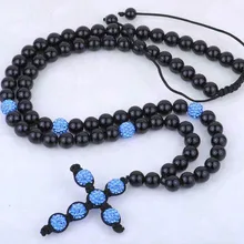 Горячая Распродажа высококачественный, модный крест ожерелье оптом/голубой фианит христианский крест четки, цепочка с черными бусинами