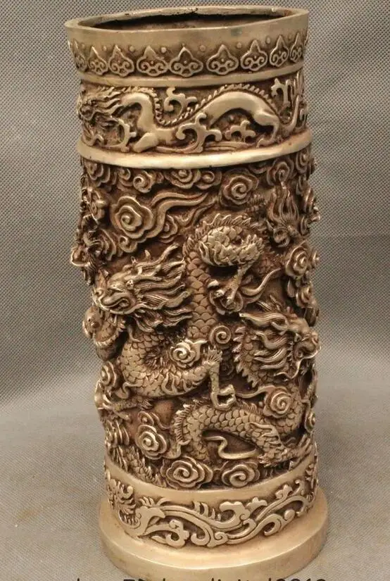 11&quot Chinese Dynasty Silver Successful Nine Dragon Play Bead Brush Pot pencil vas | Дом и сад