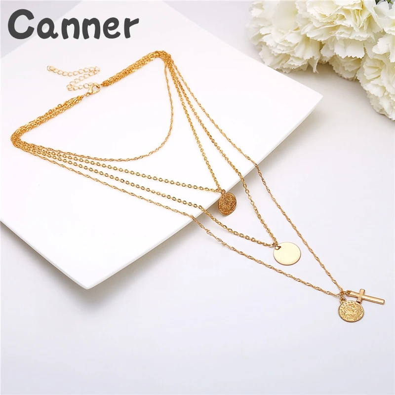 

Canner Circle Round Pendants & Necklaces Long Coin Necklace Multi Layer Chain Cross Women Choker Fashion Jewelry Gifts A50