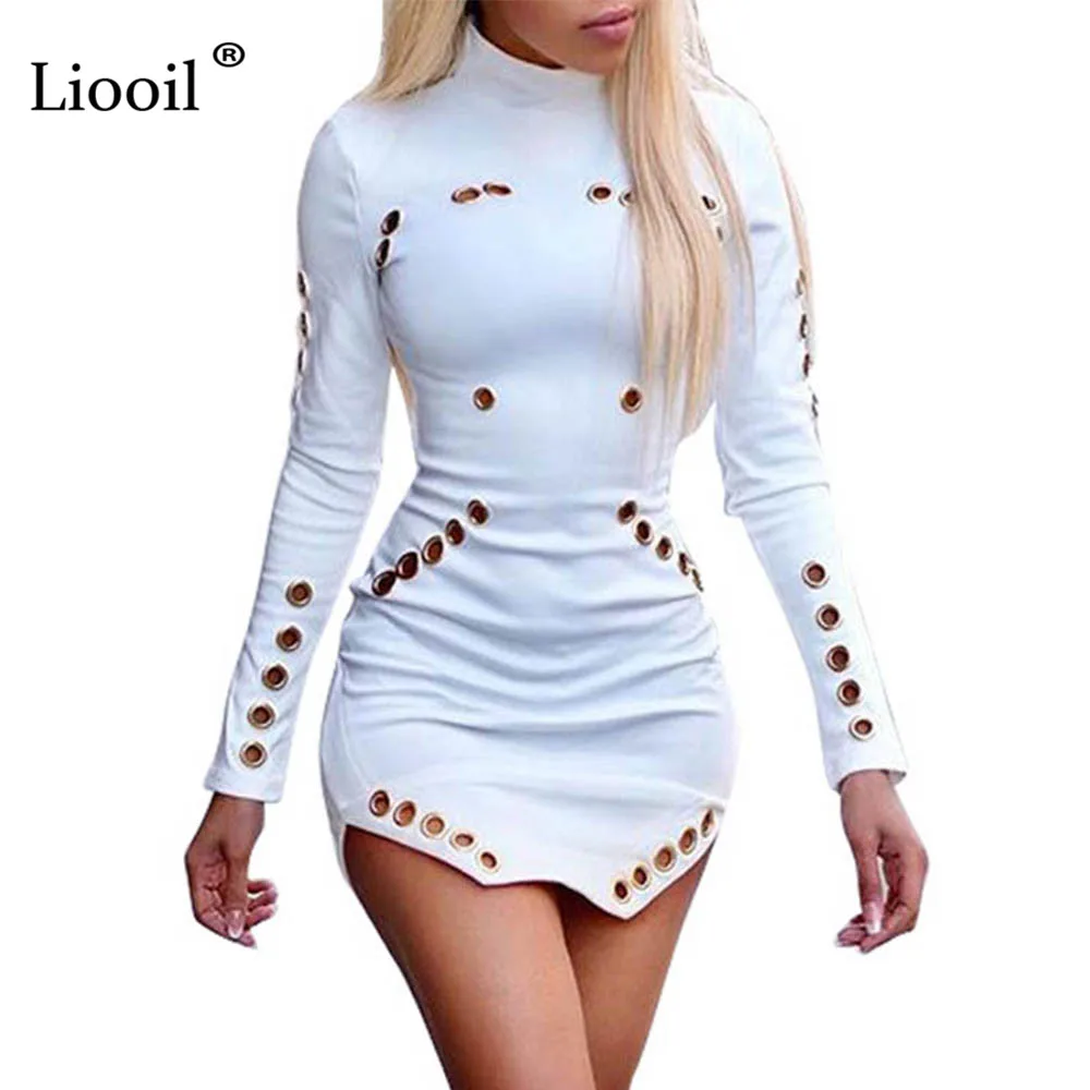 

Liooil Black White Rivet Autumn Dress Long Sleeve Turtleneck Sexy Hollow Out Bodycon Women Dress Cut Out Party Dresses Robes