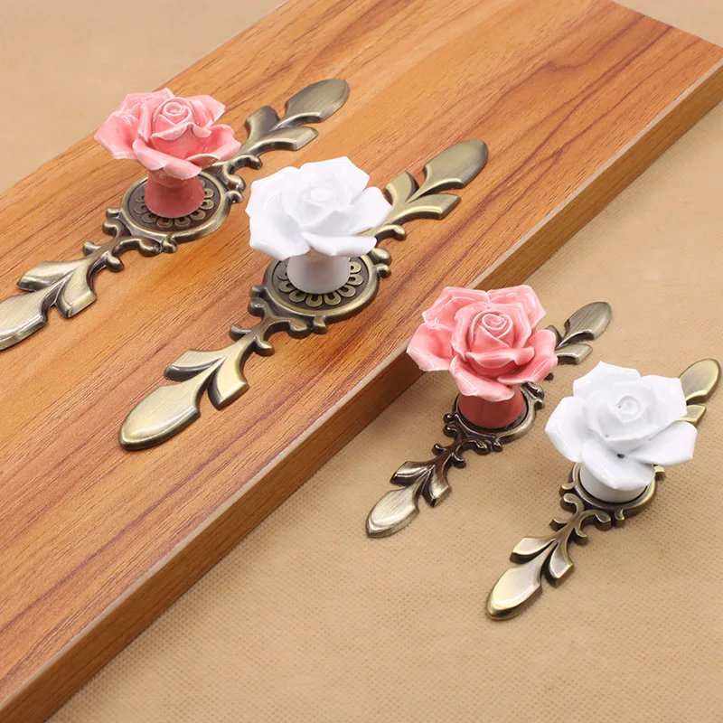 6," керамика цветок розы ручки шкафа цинковый сплав сельских шкаф ручки 1,6" Диаметр мода бронзовые ручки для мебели