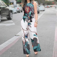 Spaghetti Strap Peacock Print Jumpsuit For Women Summer 2019 Sashes Sleevelss Wide Leg Pants Long Jumpsuit Casual Overalls Femme fashionable ethnic style print spaghetti strap jumpsuit for women