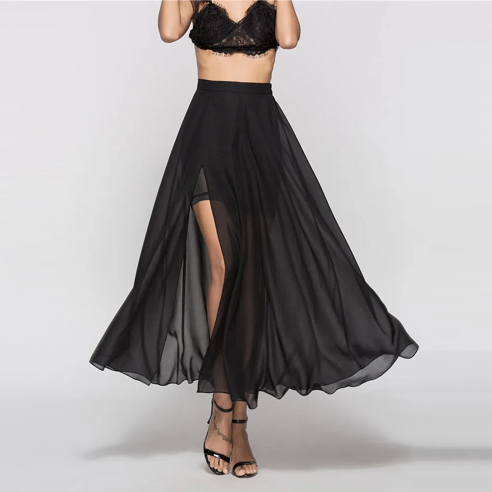 2018 Women Gothic Long Skirts Elastic Waist see through Maxi Skirts