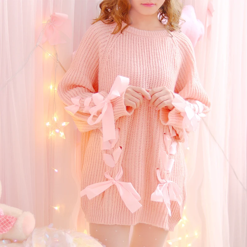 Осенние Японские Женские свитера на шнуровке с лентами для молодых девушек, модная Милая трикотажная рубашка, розовый кавайный длинный свитер для девушек