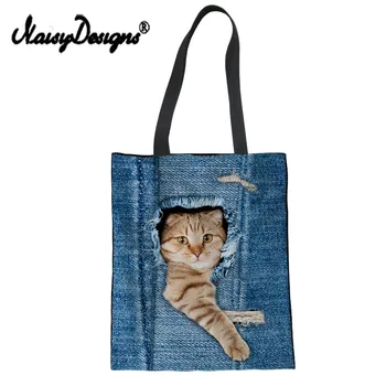 

NoisyDesigns Women Denim Jeans Cat Tote Bag Reusable Shopping Bag Travel School Handbag Folding Shoulder Grocery Bags for Female