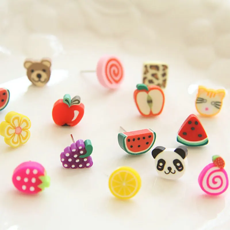

144pcs/ 72pairs Girl's Children Lovely Food fruits kawaii anime Earrings Handmade Fimo Polymer Clay Stud Earrings w/ Gift box
