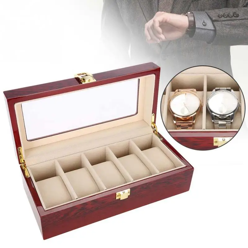 

5 Grids Lacquer Wooden Watch Holder Wristwatch Display Case Storage Box Organizer