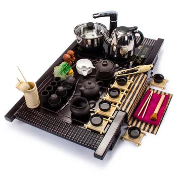 

Kung fu Tea Set Solid Wood Tea Plate Automatic Water-feeding Four-in-one Electromagnetic Furnace Tea Table Set One Substitute
