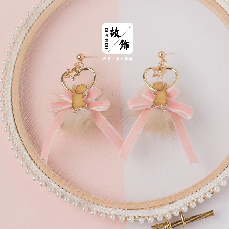 Принцесса Сладкая Лолита японские серьги-кошки коллекция мягкая сестра розовый мех норки шар любовь ленты серьги руки зажим для уха GSH140