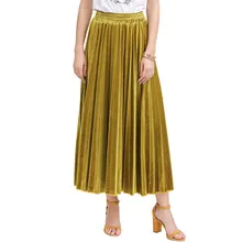 Новая весенняя Повседневная длинная Плиссированная юбка с высокой талией золотистого цвета женская модная юбка с металлическим отливом для девушек хорошего качества