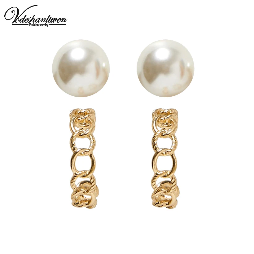

Vodeshanliwen 2018 Fashion Simulated pear Stud Earrings Bohemian ZA Metal Round Earrings For Women New Geometric Jewelry