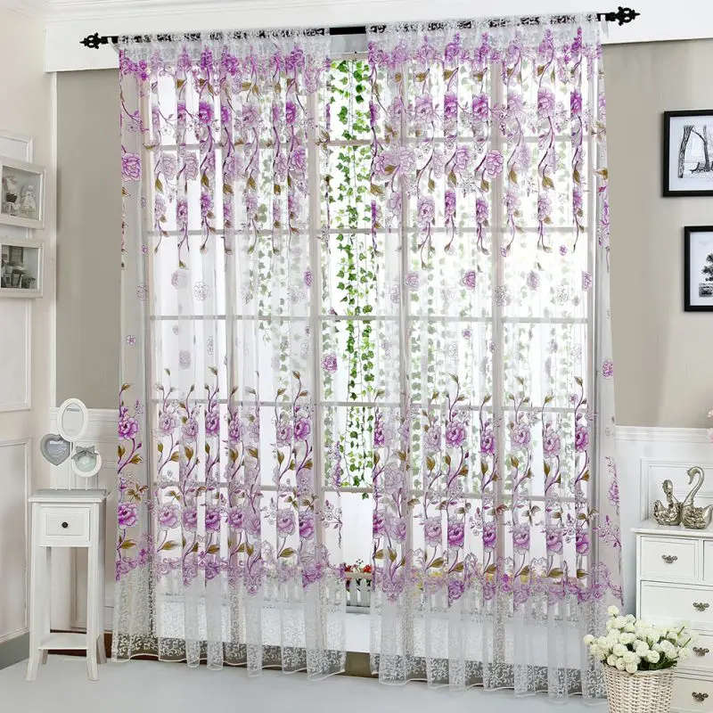 Flower Print Window Curtain Divider Tulle Voile Drape Panel Sheer Scarf Valances