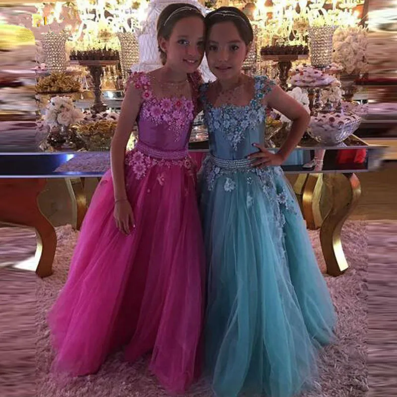 

New Flower Girls Dresses Ball Gown Tulle with Beaded Sash Little Princess Birthday Party Dress Pageant Gown 2017 Custom
