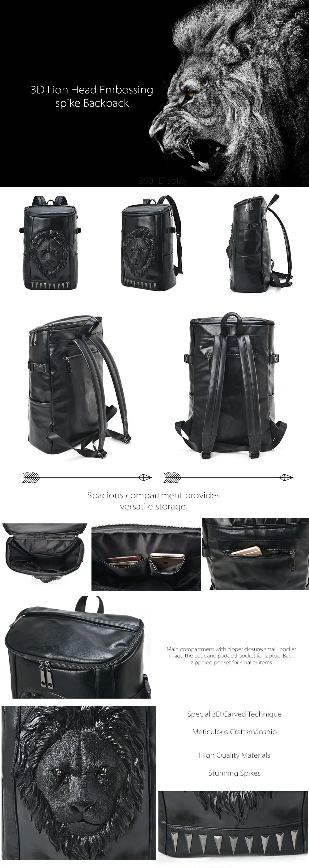 3D Lion Head Embossing Backpack With Stunning Spikes