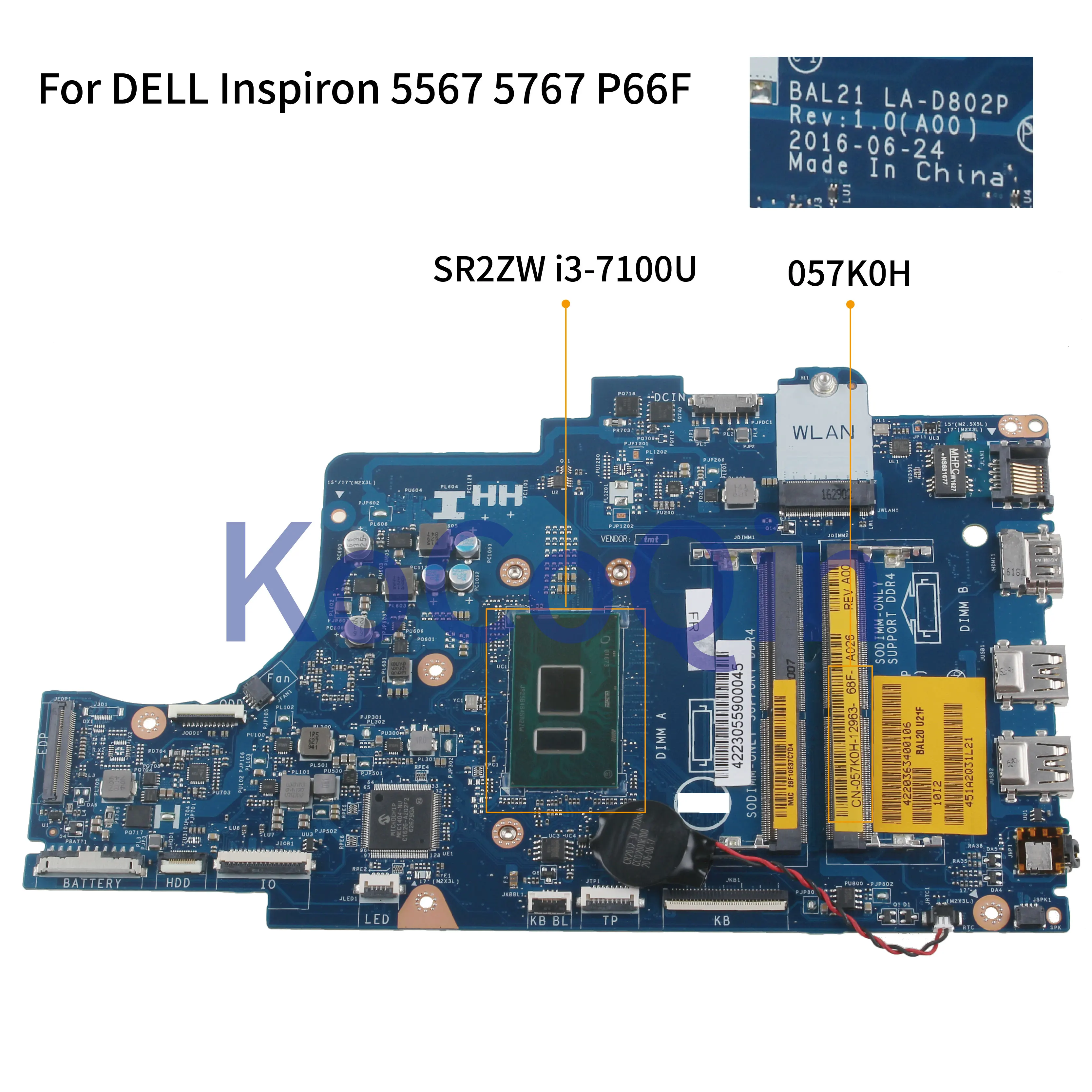  KoCoQin Laptop motherboard For DELL Inspiron 5567 5767 P66F Core I3-7100U Mainboard BAL21 LA-D802P 
