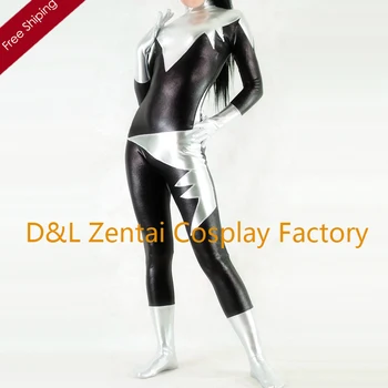 

Free Shipping DHL Women X-men Aurora Fit Comfy Black And Silver Superhero Shiny Metallic Catsuits Party Cosplay Costume SHZ1402