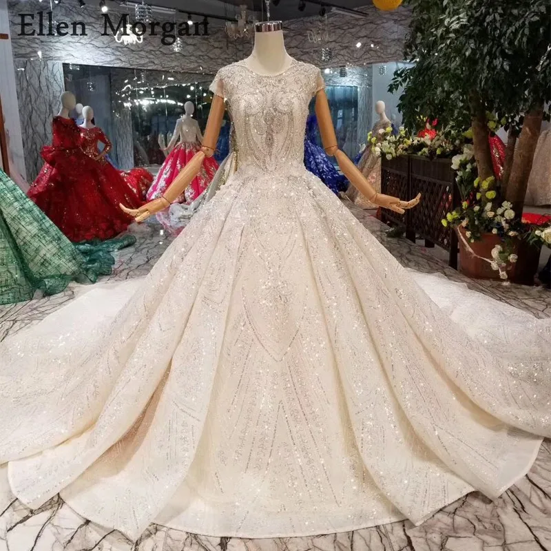 

Elegant Lace Ball Gowns Wedding Dresses 2019 Beaded Corset Boat Neck Cap Sleeves Glitter Backless Luxury Bridal Gowns for Women