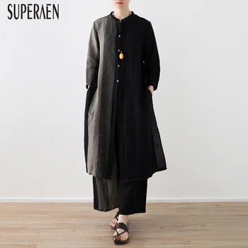 

SuperAen Fashion Women's Sets Spring and Summer Linen Long Cardigan Shirt Cotton Casual Wide Leg Pants New 2018 Two Pieces