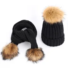 Осенне-зимнее Новое поступление, Модный женский теплый вязаный однотонный вязаный шарф, шапка, комплект с украшение с помпонами
