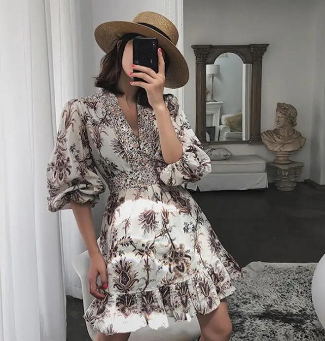 

2019 Autumn Spring V-Neck Flower Printed Woman Dress Puff Sleeve Ruffles Decorations Short Dress Slim Fit Beach Wearing Dress