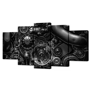 

5 Piece Canvas Prints Engine Engineering Closeup Gear And Chain Black And White Photos Wall Art ,Ready To Hang Drop Shipping
