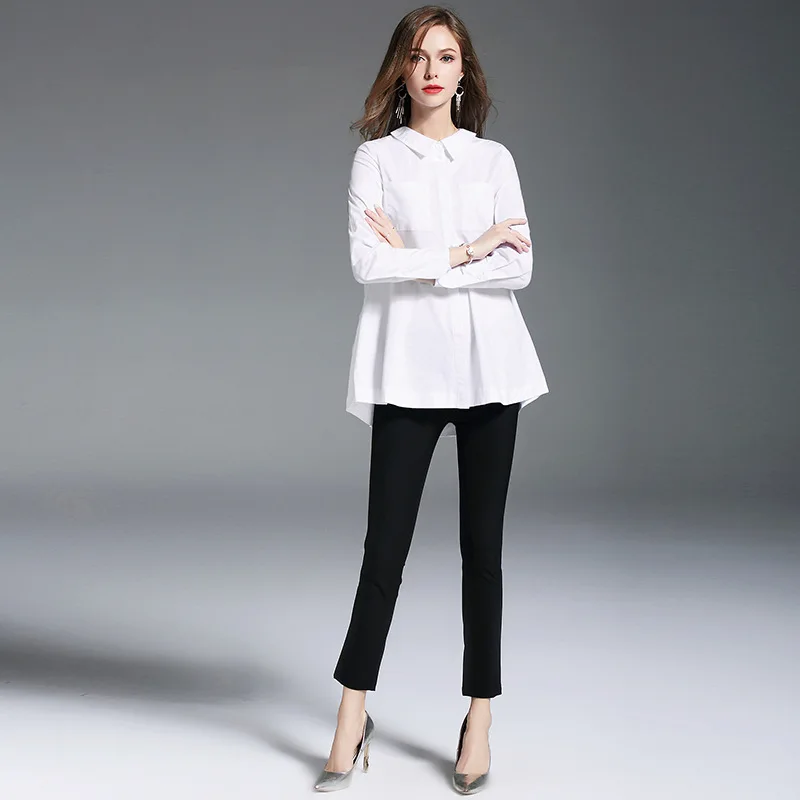 BURDULLY Для женщин Элегантные весна и осень новые простые белые футболки с длинным рукавом с отворотом женская рубашка блузка плюс Размеры Топы XL