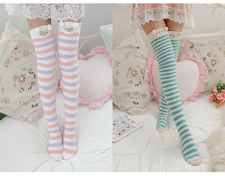 Japanescht Mori Meedchen Déiermodell Knéi Gestreift Séiss Kompressioun Hierscht Wanter Waarm Socken Kawaii Gemittlech Laang Oberschenkel Héich_voghion.com