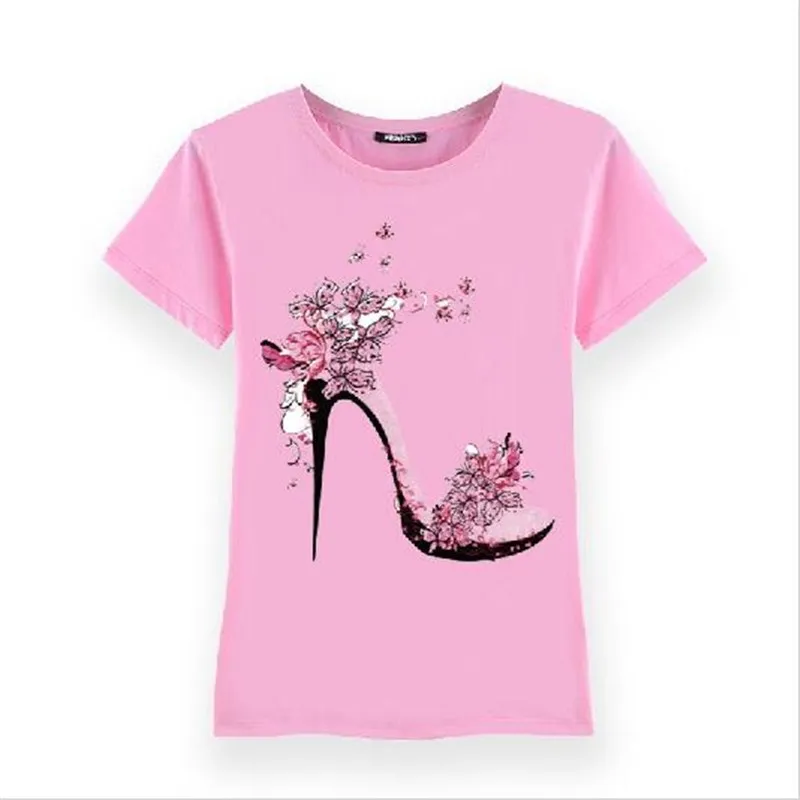 BINYUXD/Новинка года; летняя хлопковая Футболка с красивыми туфлями на высоких каблуках с принтом; женские топы; футболки с короткими рукавами; модная повседневная футболка - Цвет: Розовый