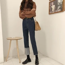 Ретро Прямые джинсы для Для женщин Denim-джинсы-бойфренды высокой талией нерегулярные ботильоны Длина Джинсы женские манжеты эластичные джинсовые штаны