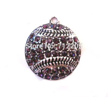 

New 50pcs a lot antique silver color zinc with sparkling crystals Baseball or Softball Purple Crystal Pendant