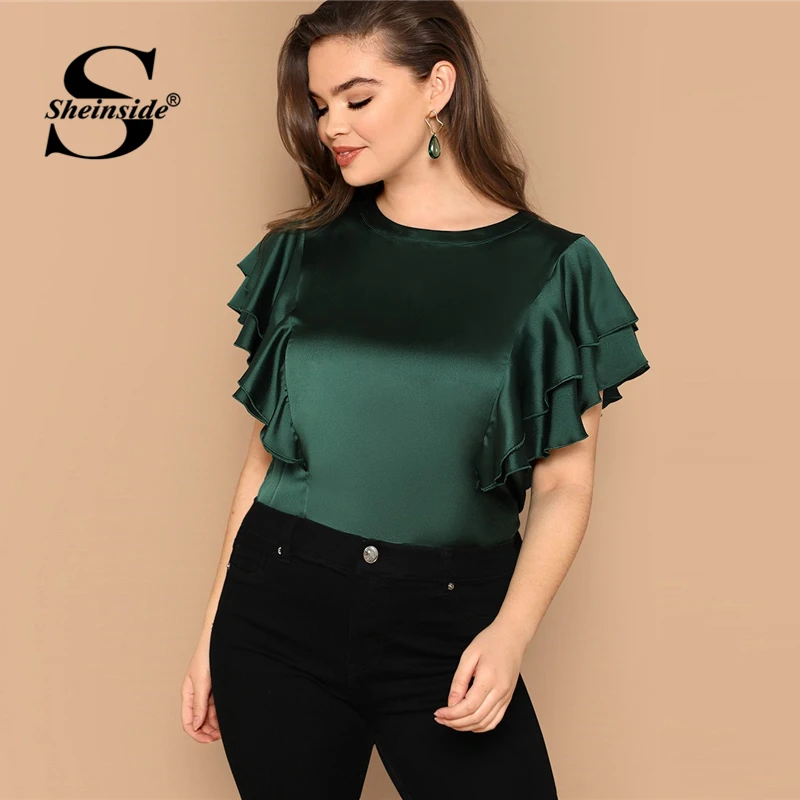 

Sheinside Plus Size Green Tiered Layer Flounce Sleeve Blouse Women 2019 Summer Ruffle Detail Blouses Ladies Solid Satin Top