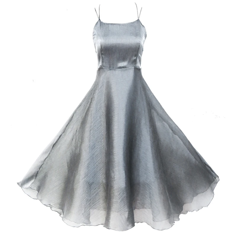 

PERHAPS U silver gray strap sleeveless o neck backless cross fit and flare summer midi dress beach D0590