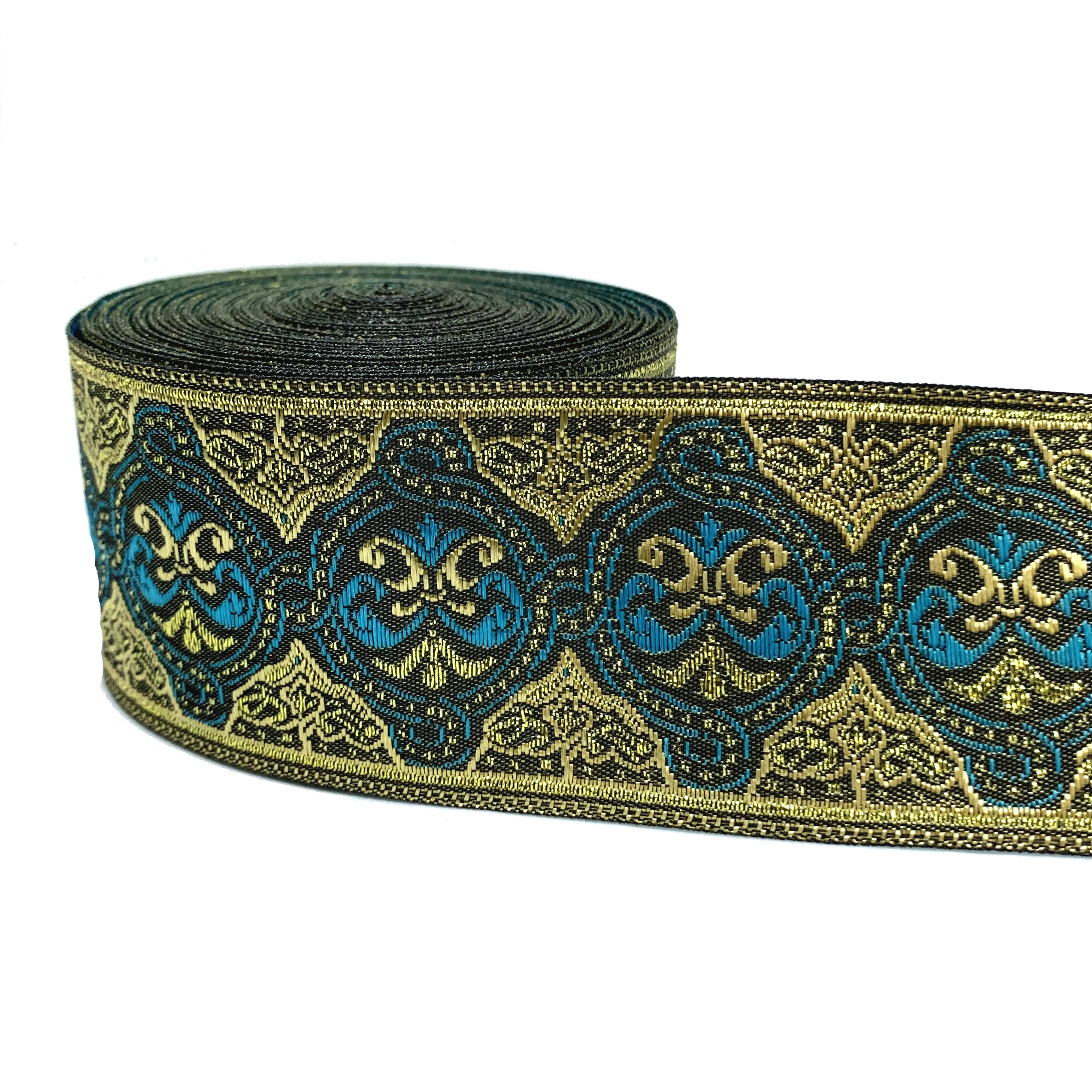 

ZERZEEMOOY 2" 5CM 10yards/lot Woven Jacquard Ribbon Blue Totem Pattern With Gold Thread