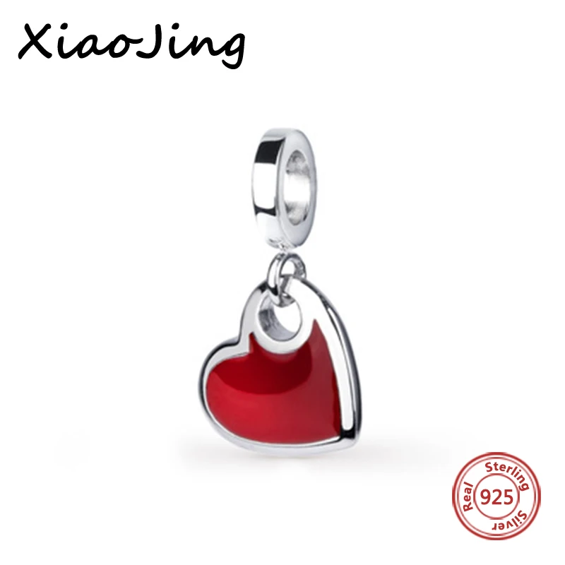 

New arrival 925 Silver charms vintage love heart with red enamel Beads Fit European Bracelets Pendant diy Jewelry making Gifts