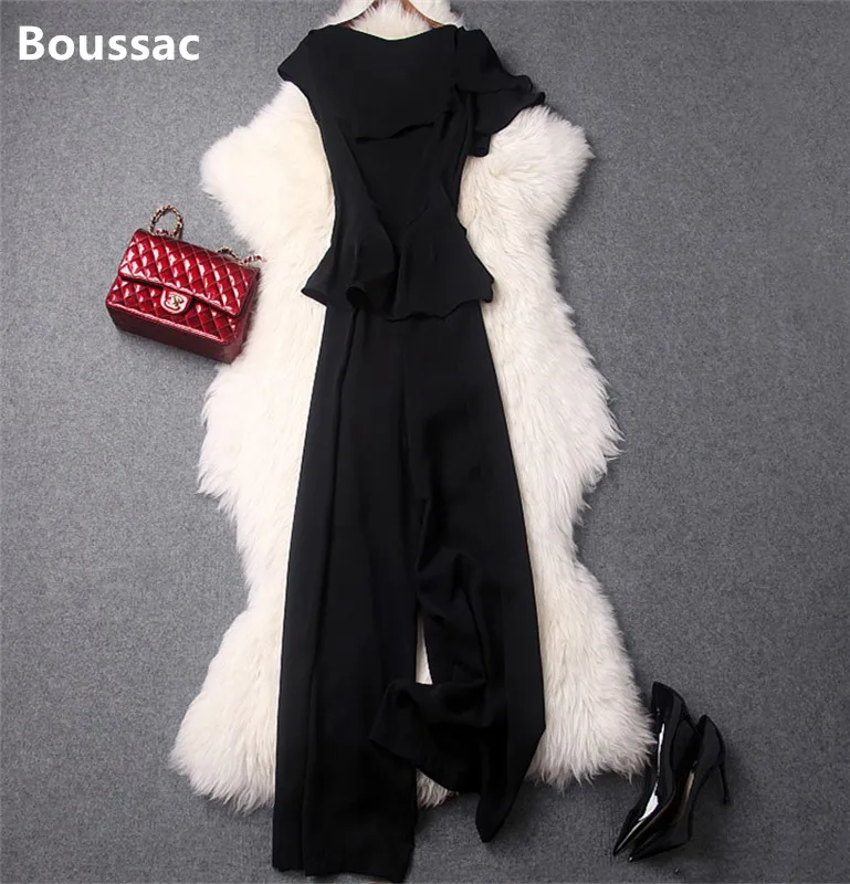 Super mode Zomer grote size effen kleur ronde hals ruffle trim + hoge taille wijde pijpen broek OL pak set voor vrouwen Super mode Zomer grote size effen kleur ronde hals ruffle trim + hoge taille wijde pijpen broek OL pak set voor vrouwen