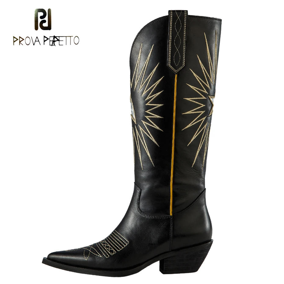 

Prova Perfetto genuine leather embroider knee high boots women 2018 new pointed toe chunky heel winter shoes female knight boots