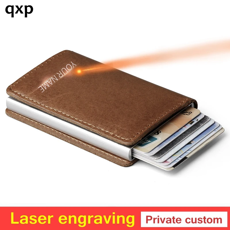 

Private customize Wallet Automatic Credit card holder Genuine Leather Aluminum Men Mini RFID Blocking Wallet Pocket ID Card