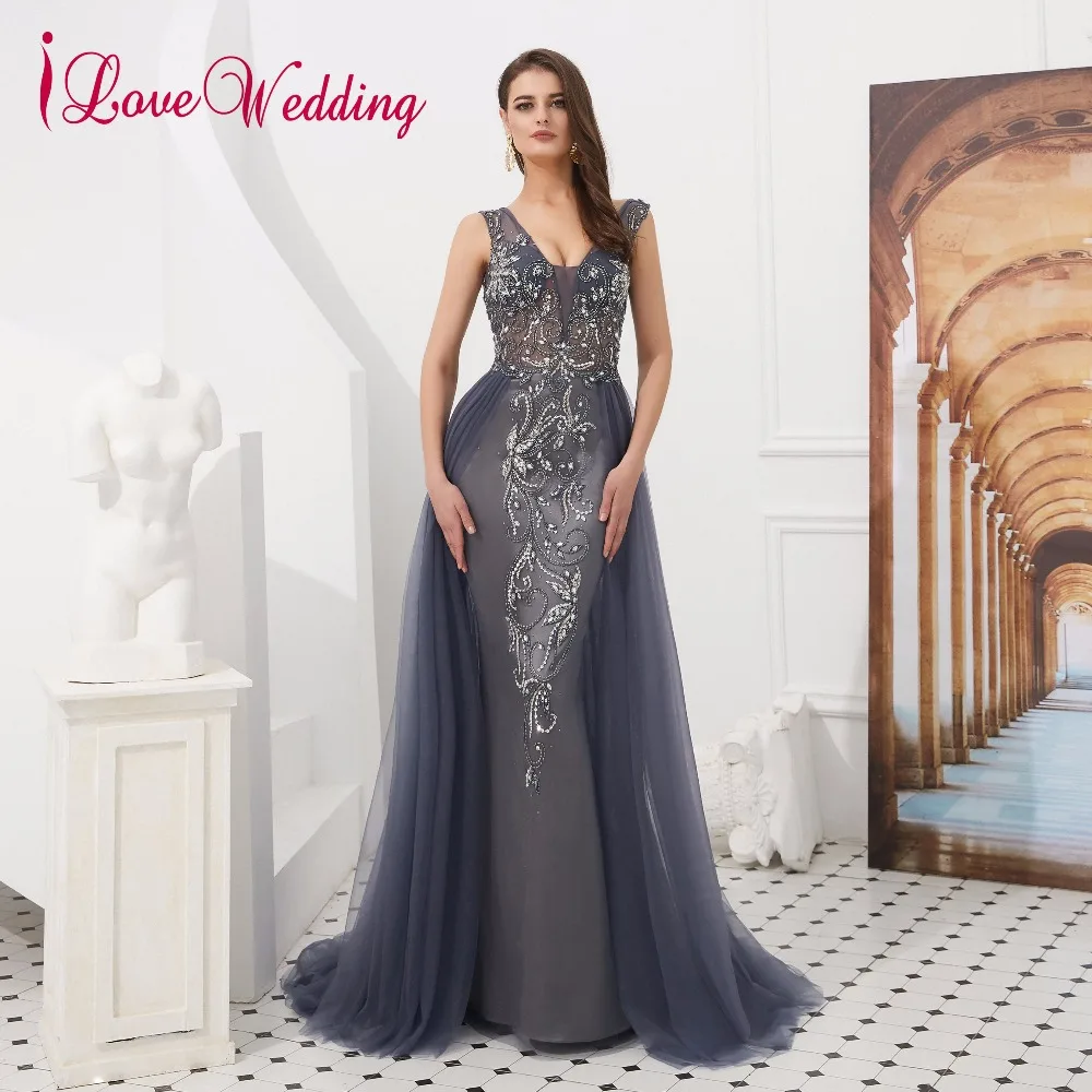 ILoveWedding Robe De Soiree Сексуальное Тонкое торжественное платье с v-образным вырезом и бисером роскошное серое вечернее платье с открытой спиной