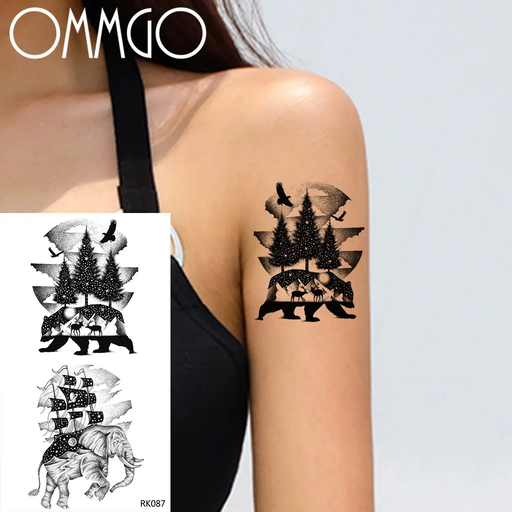 

OMMGO Pirate Viking Ship Bear Pine Tree Temporary Tattoos Sticker Black Animal Elephant Fake Tattoo Body Art Boat Sheet Hands