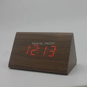 

Wooden Desk Alarm Clock Classical Triangular Blue Digital LED Wood Thermometer With Retail Box High Quality