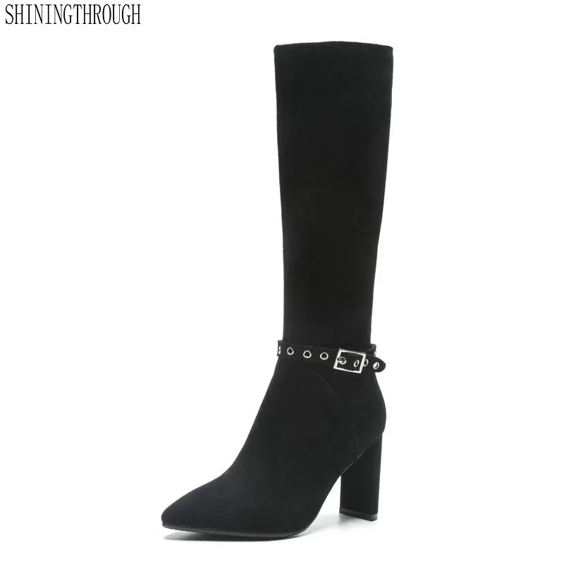

2018 Knee High Boots Winter Women Shoe Elegant Boots genuine leather High Heel Zipper Fashion Ladies Long Boots Size 34-43