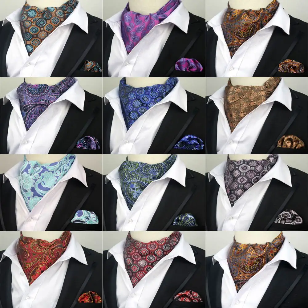 

LJT02 01-11 Men's Vintage 100% Silk Ascot Cravat Tie & Handkerchief Set Floral Paisley Pocket Square Tie Sets For Wedding Party