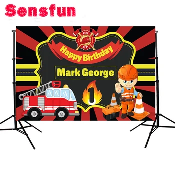 

Sensfun Vinyl Happy Birthday Fire Truck Custom Photo Studio Backdrops Background 220X150CM