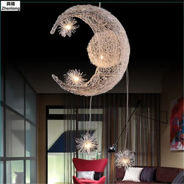

New Novelty Kid Children Room Light LED Modern Pendant Light Lamp with 5*G4 for Home Moon Star Wicker Lampe Crystal Lighting