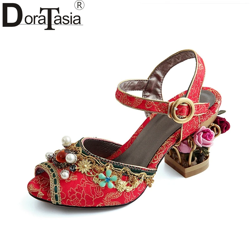 

DoraTasia 2018 Summer Fashion Velvet New Big Size 34-43 Women Sandals Beading High Strange Heels Flower Shoes Woman Party Shoe