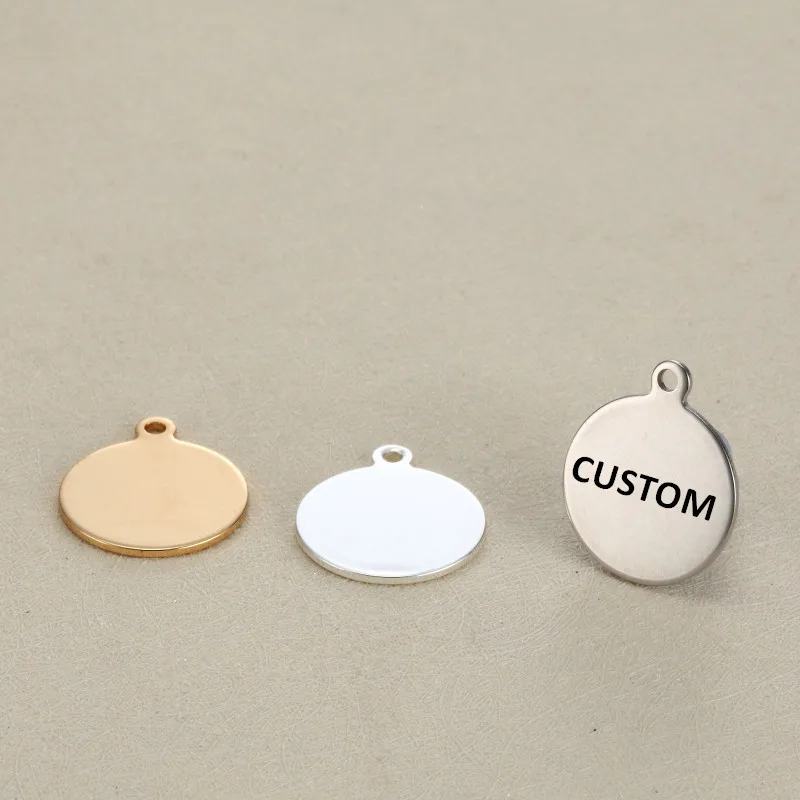 

MYLONGINGCHARM 30 pcs Custom your Logo Words Stainless Steel Charms 18mm Three Colors Round Charms Engravable Necklace Charms