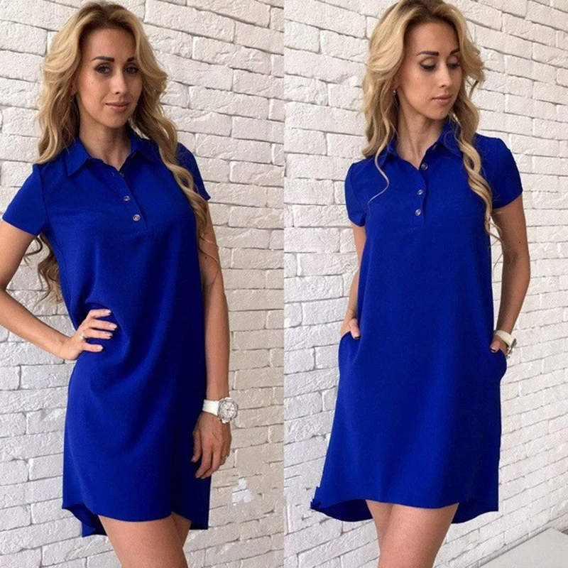2019 New Fashion Style OL Dress Women A-line Turn-down Collar Button Short Sleeve With Pockets Party Dresses red blue | Женская одежда